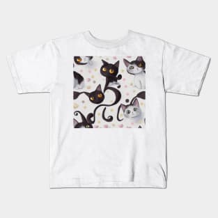 Black and White Cats with Yellow and Green Eyes Kids T-Shirt